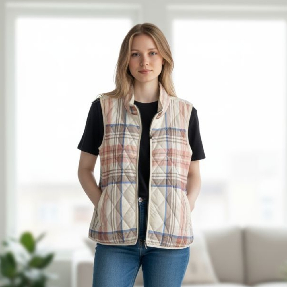 Coldwater Creek Plaid Vest All Seasons Sz M Cream Blue Quilted Tartan Gorpcore